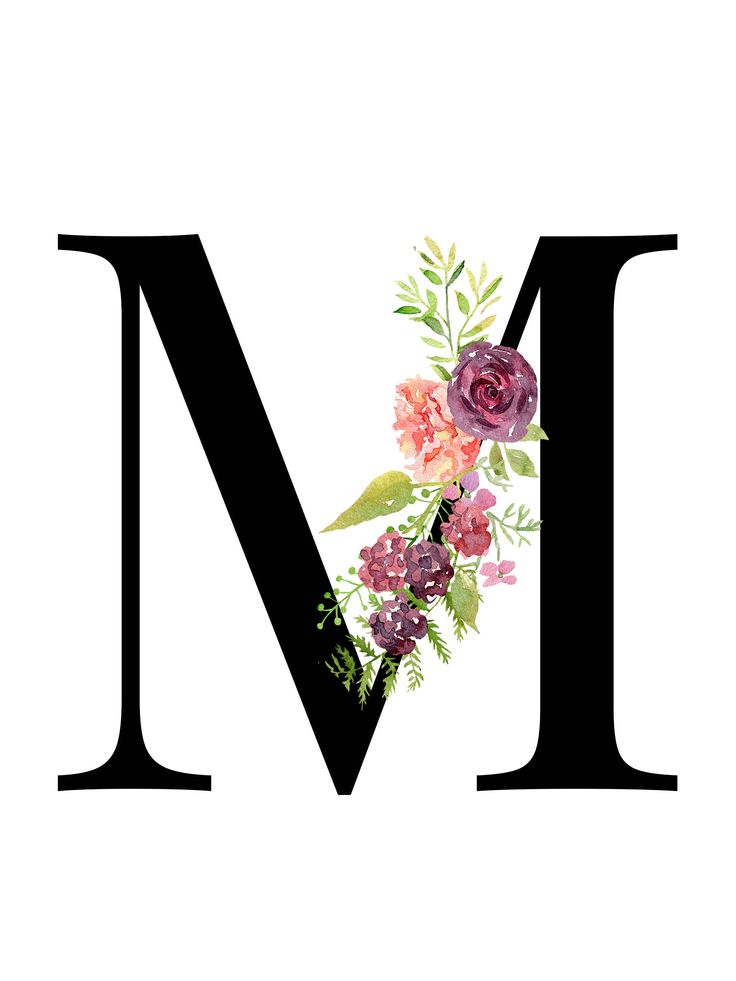 the letter m is made up of flowers and leaves on it's uppercase