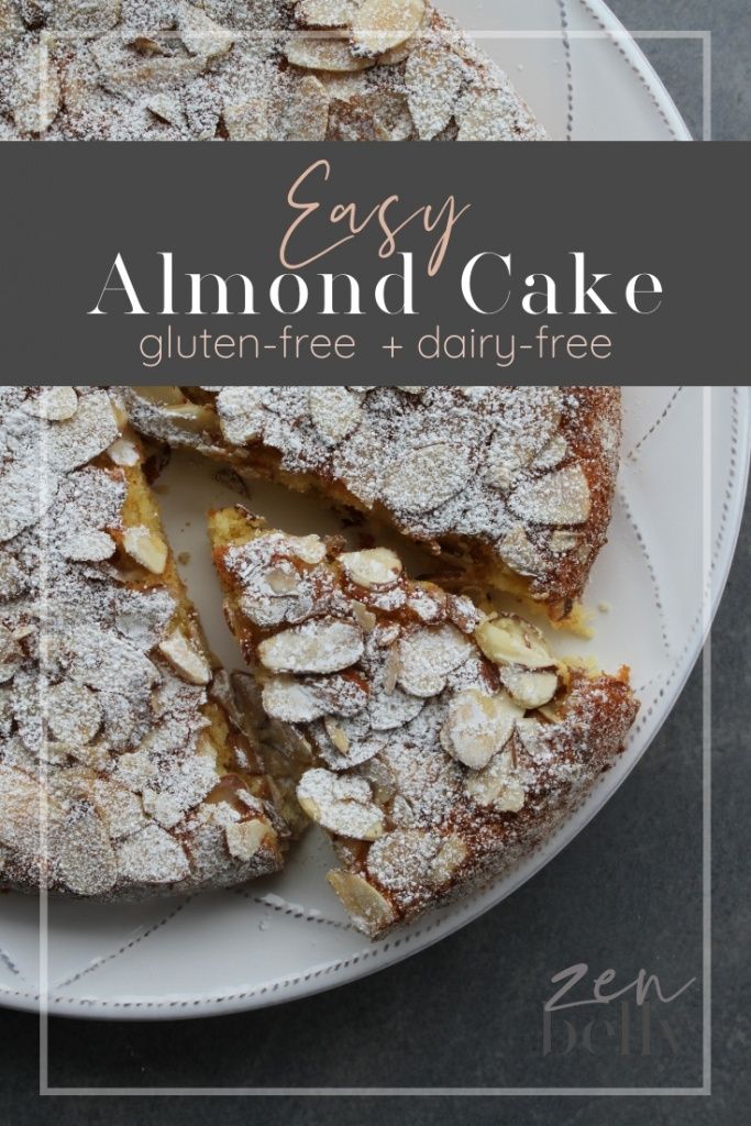 an easy almond cake on a plate with the text overlay that reads, easy almond cake gluten - free and dairy - free