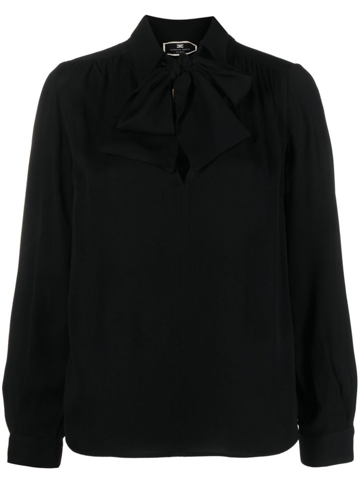 black embroidered logo to the front gold-tone buttons buttoned-cuff sleeves pussy-bow collar concealed front fastening long sleeves straight hem Embroidered Scarf, Bow Collar, Cuff Sleeves, Neck Scarves, Black Blouse, Logo Embroidered, Collar Shirts, Blouses, Black Shirt