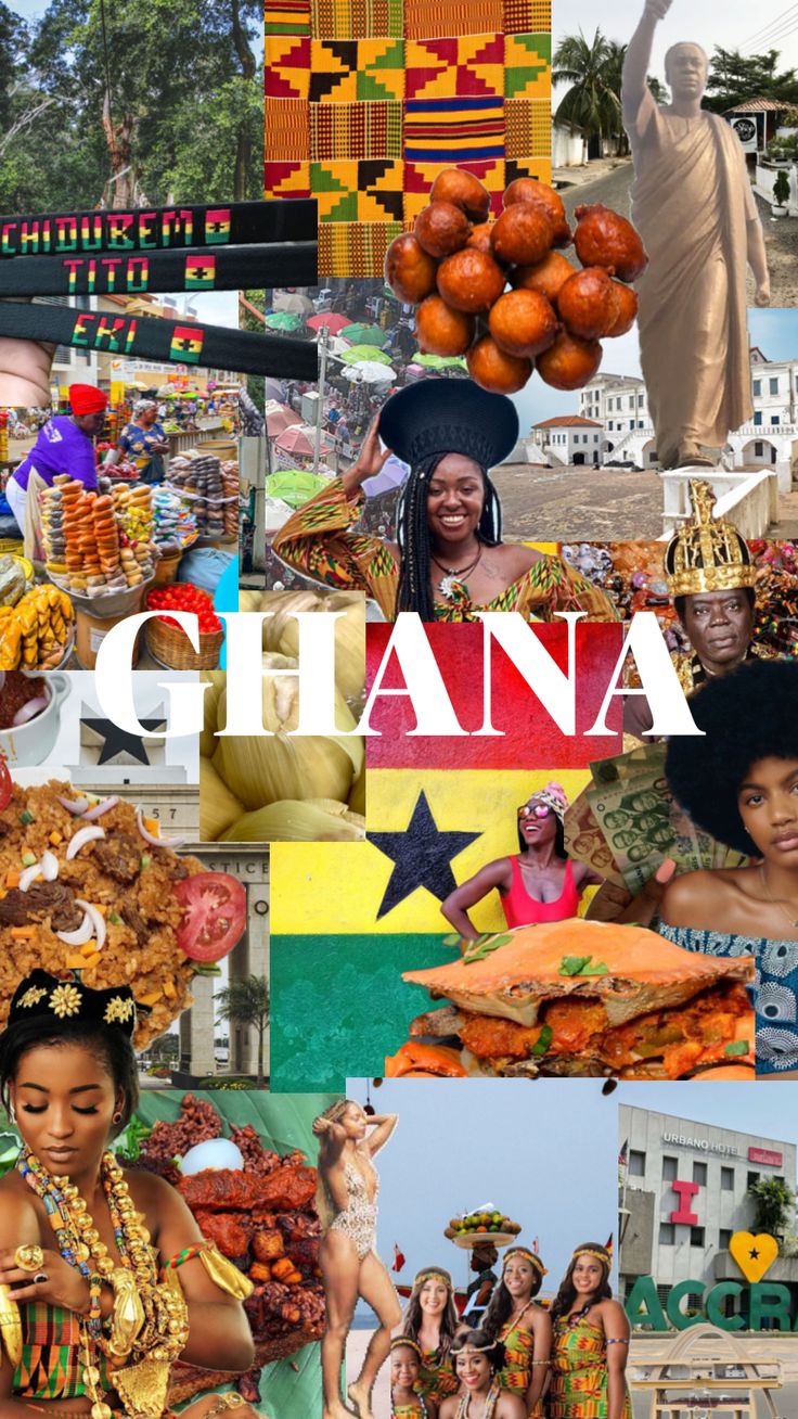 a collage of photos with the words ghana in different languages and pictures of people