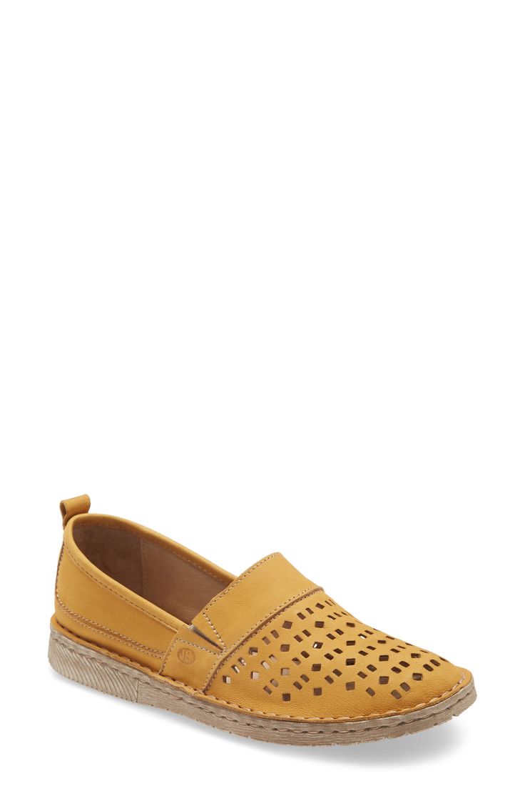 Modern Flats With Leather Sole, Medium Width, Leather Slip-on Flats Medium Width, Spring Slip-on Woven Leather Flats, Brown Leather Slip-on Flat Shoes, Leather Flats With Textured Sole, Medium Width, Josef Seibel, Comfortable Flats, Medieval Dress, Yellow Leather