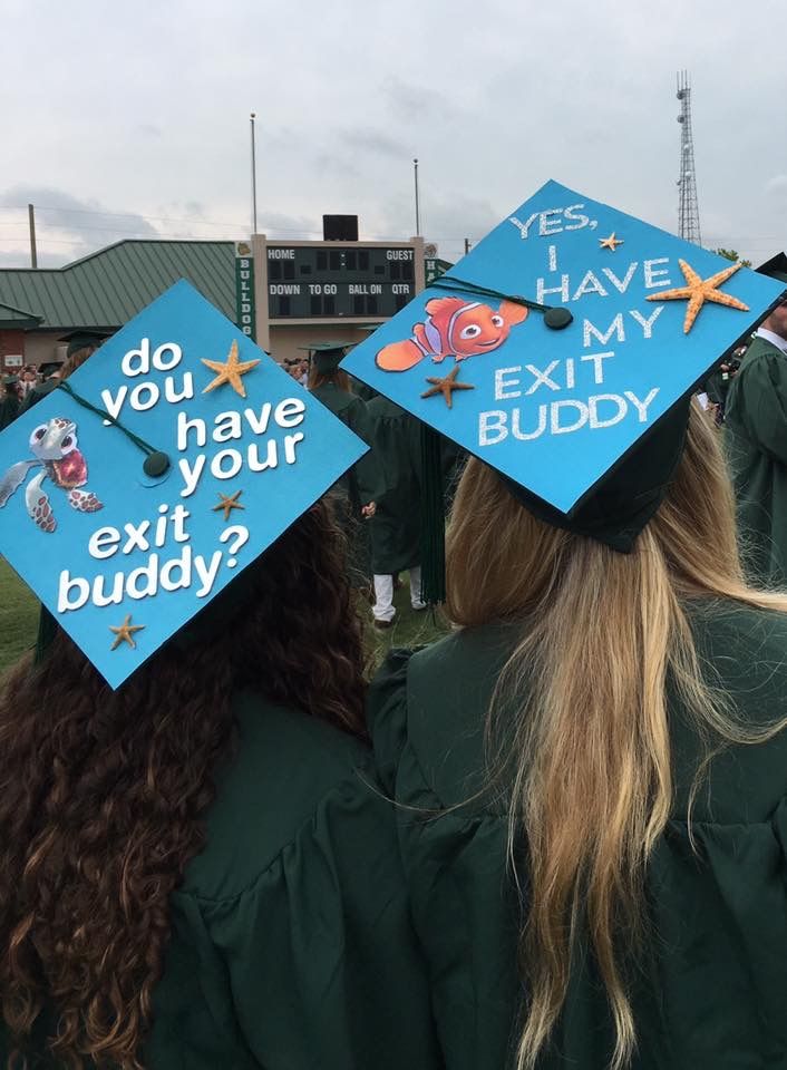 two students wearing graduation caps with words on them that read do you have your exit buddy?