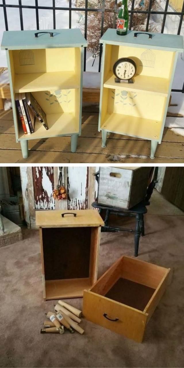 two different side by side pictures of an old dresser and end table with paint on it