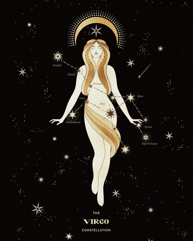 the zodiac sign for virgo is shown in front of stars and constellations on a black background