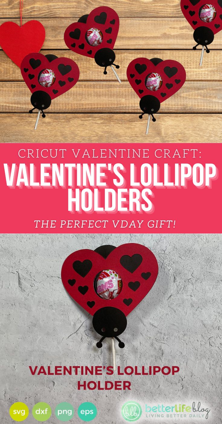 valentine's lollipop holders with hearts on them and text overlaying the image