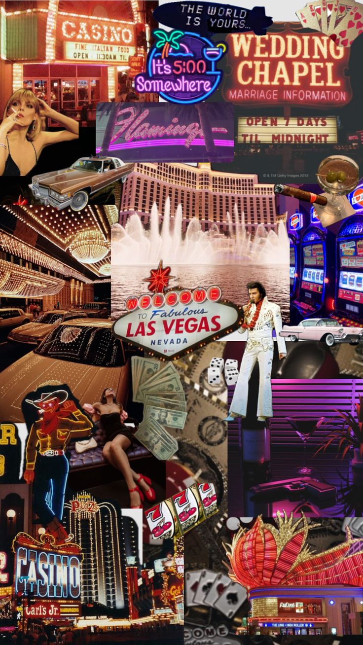 las vegas collage with casino signs, neon lights and woman in white dress posing for the camera