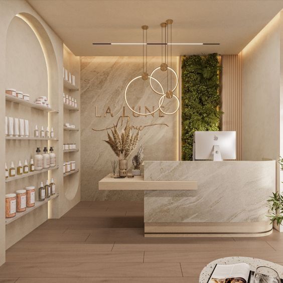 the interior of a beauty salon with marble countertops and shelves