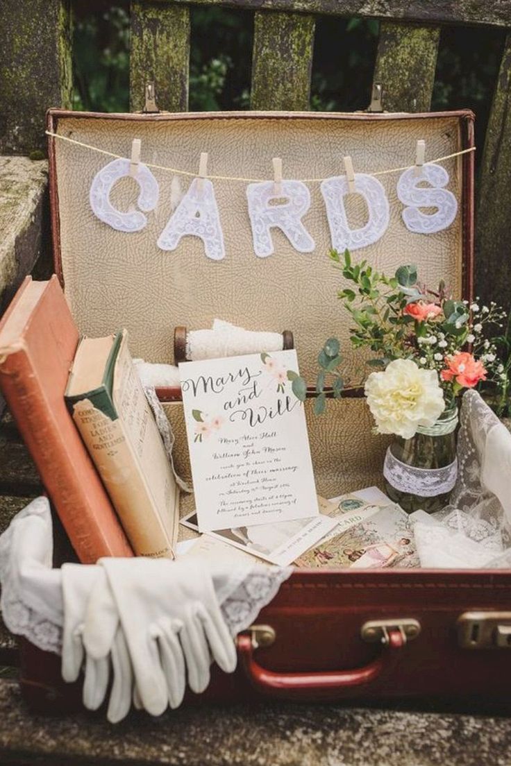 an old suitcase filled with books and cards