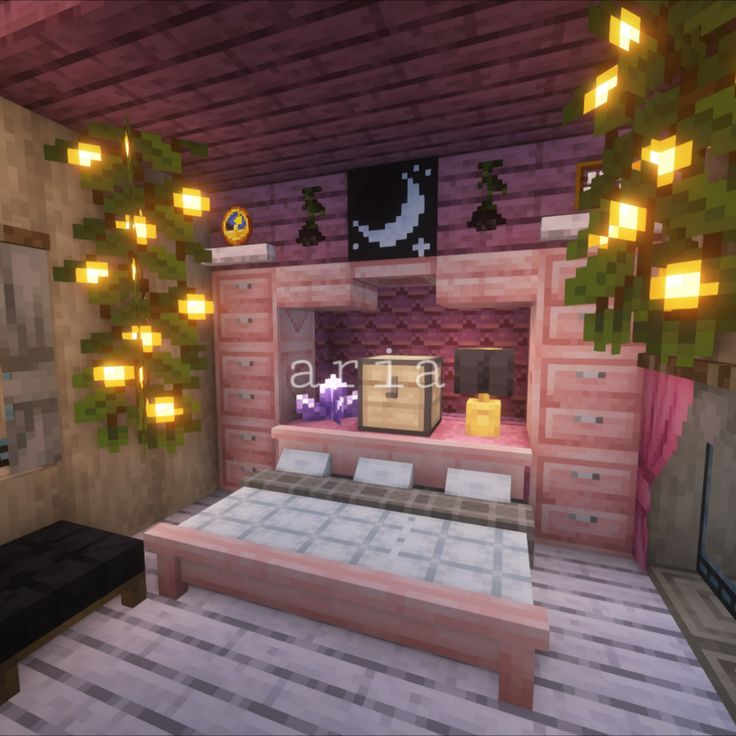 a bedroom in the minecraft style with a bed and dresser next to a fireplace