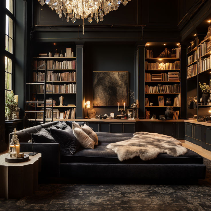 a living room filled with lots of books and furniture