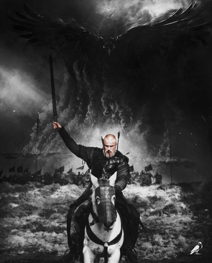 a man riding on the back of a white horse in front of a black and white background