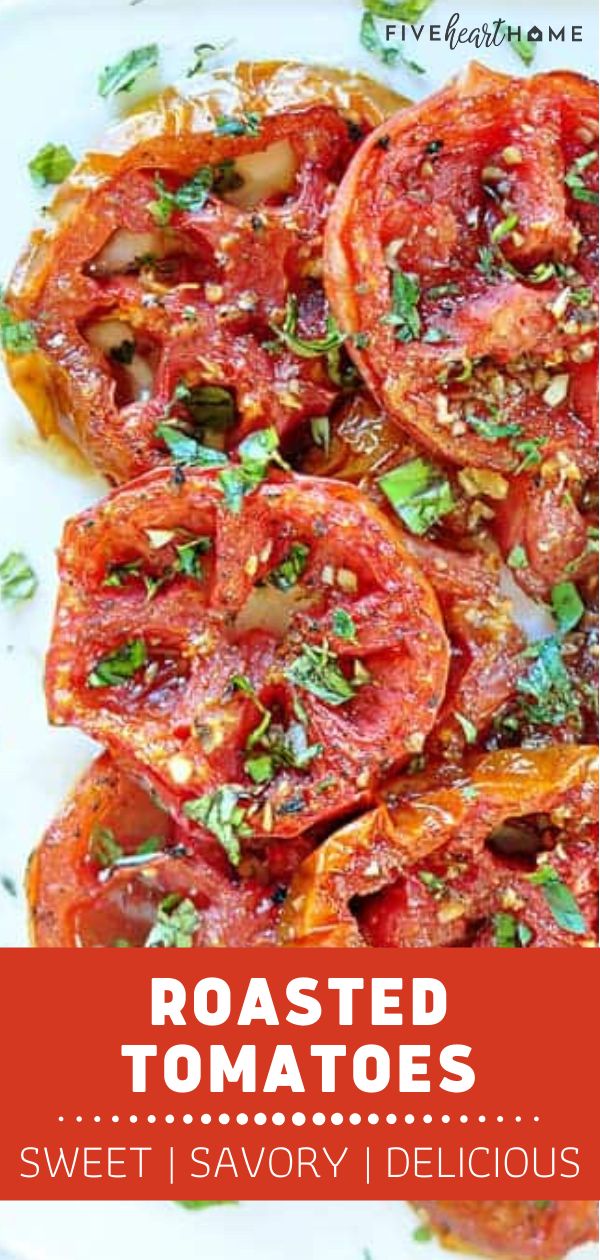 roasted tomatoes on a white plate with text overlay