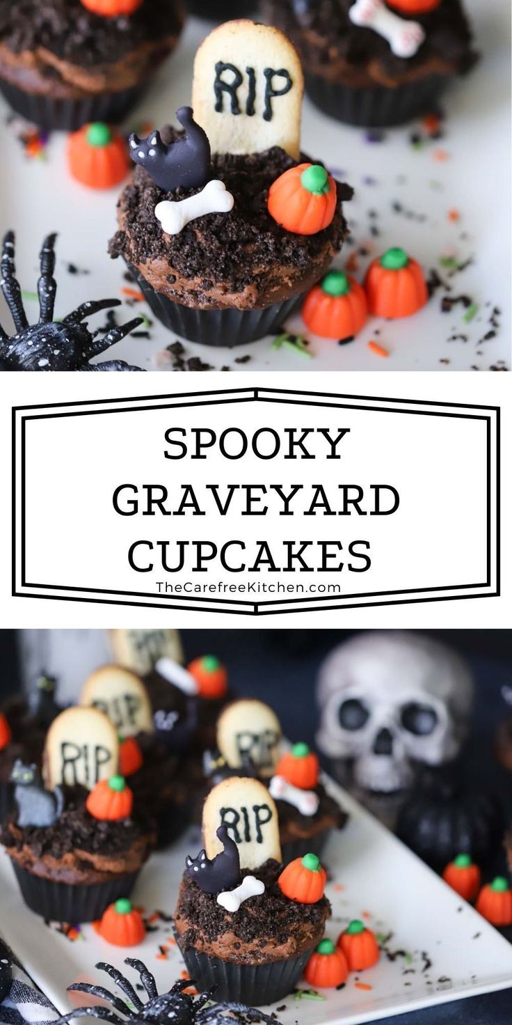 halloween cupcakes with spooky graveyard decorations on top and the words spooky graveyard cupcakes above them