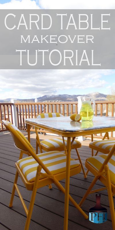 an outdoor table and chairs on a deck with text overlay that reads card table makeover tutor