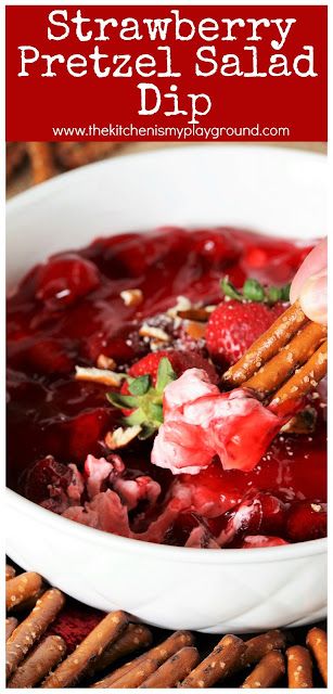 strawberry pretzel salad dip in a white bowl