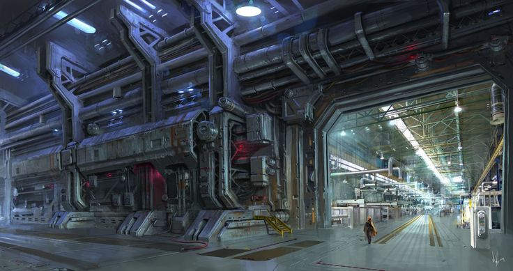 the interior of a sci - fi space station with people walking through it and lights on