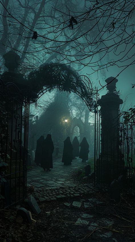 a group of people walking through a cemetery in the woods at night with lights on