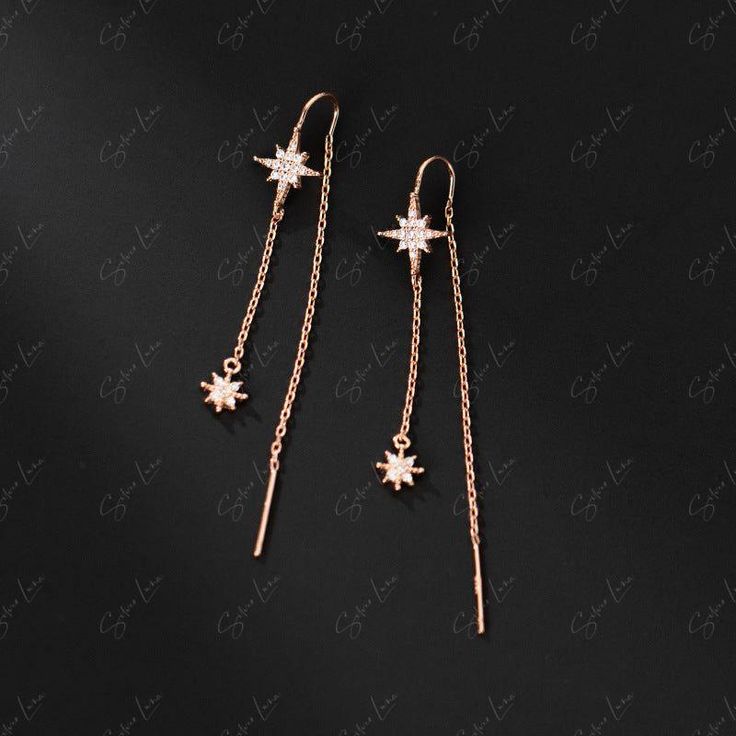 These elegant star dangle drop earrings ear threader features cable chain threaders with cubic zirconia stars dangle drop, made of solid 925 sterling silver with platinum or rose gold plating. Add these elegant star dangle threader to your everyday fine jewelry collection or as gift for your love one. Experience the luxury and sparkle of these threader earrings every day. Made from high-quality materials and featuring dazzling cubic zirconia stars, these earrings are sure to elevate your style a Rose Gold Single Dangle Threader Earring, Ear Threader, Earrings Ear, For Your Love, Threader Earrings, Fine Jewelry Collection, Rose Gold Earrings, Gold Plated Jewelry, Jewelry Plate