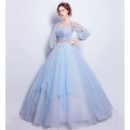 Silhouette:Ball Gown; Hemline / Train:Floor Length; Closure:Lace Up; Built-In Bra:Yes; Embellishment:Pleats,Appliques; Fabric:Tulle; Sleeve Length:3/4 Length Sleeve; Tips:Professional dry cleaner only,Colors may vary slightly due to different monitor settings; Boning:Yes; Style:Elegant,Floral,Puffy; Occasion:Engagement,Quinceanera; Neckline:Illusion Neck; Brand:Lightinthebox; Front page:Prom Dresses; Listing Date:01/27/2021; Bust:; Hips:null; Waist: Gaun Abad Pertengahan, Prom Dresses Elegant, Princess Prom Dresses, Blue Ball Gowns, Dress With Flowers, Gaun Fashion, 파티 드레스, Blue Wedding Dresses, 16 Dresses