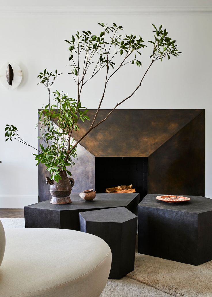 a living room filled with furniture and a fire place next to a wall mounted plant