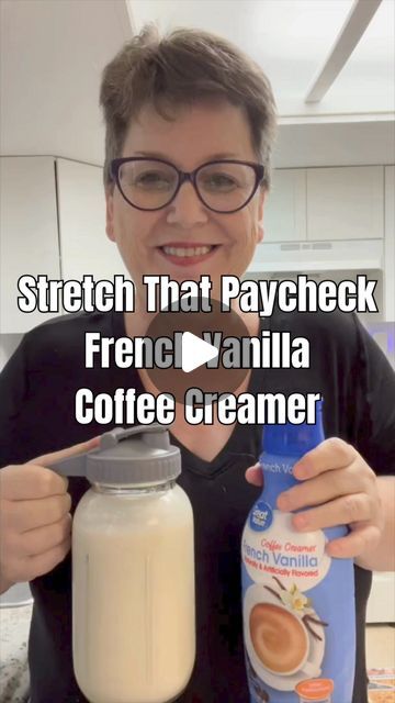 a man holding a bottle of coffee creamer next to a jar of vanilla ice cream