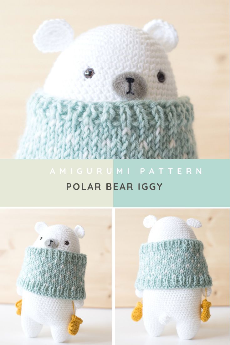 there is a crocheted polar bear wearing a scarf