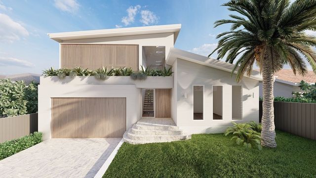 a rendering of a house with palm trees in the front yard