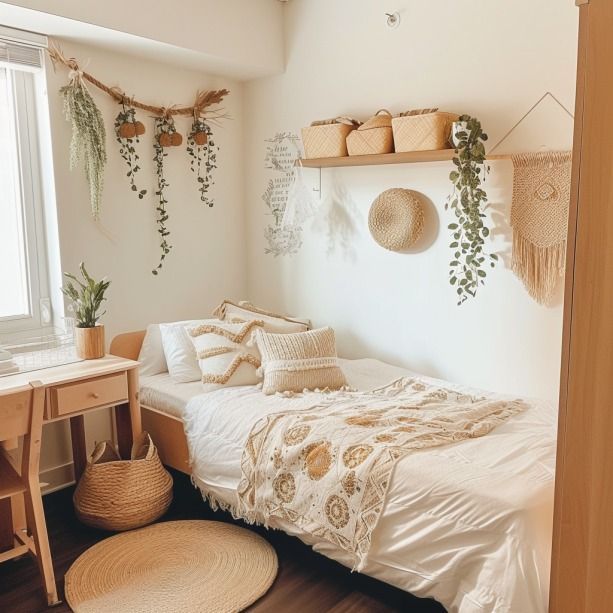 a bedroom with a bed, desk and hanging plants on the wall above it's headboard