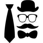 a black and white silhouette of a man's face with glasses, a tie and a hat