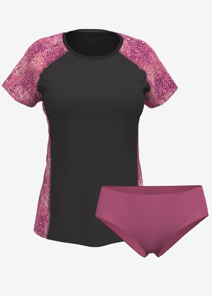 Loose Fit Adele Swim Top Fit & Sizing Loose fit for freedom of movement Sleeve length 6.25” (Size S) Top length 23” (Size S) If you are between sizes, or in doubt, please size up For more fit and sizing info, check out our size guide Features  Short sleeve  Round neckline  Does not feature a built-in bra  Designed to be worn over our favorite swim bra  Side panels create a slimming effect for a flattering look  Quick dry Ca Stretch Short Sleeve Swimwear For Workout, Pink Stretch Swimwear For Training, Pink Training Swimwear With Stretch, Fitted Short Sleeve Swimwear With Moisture-wicking, Swim Bra, Swim Top, Adele, Round Neckline, Quality Fabric