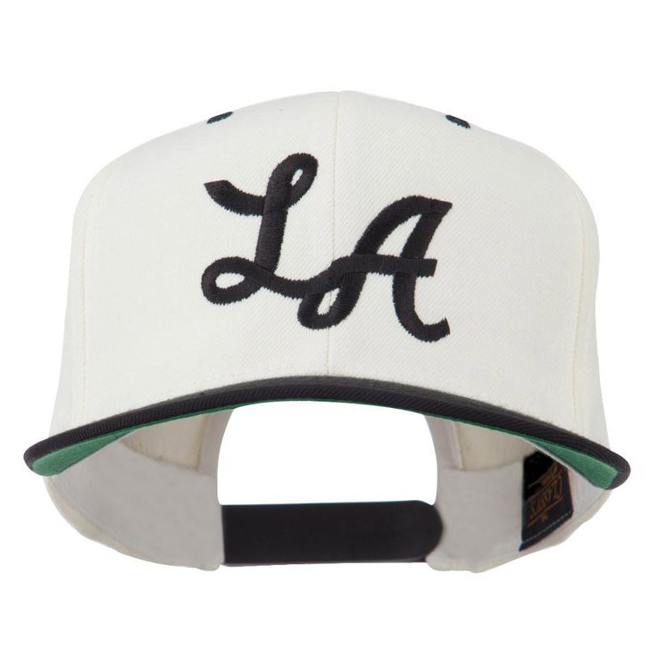 PRICES MAY VARY. Made of 80% acrylic and 20% wool. One size fits most with an adjustable plastic snap strap closure, fitting up to XL. Same material inner hat band. Adult/Unisex. Crown measures 4 inches deep. Wording of LA, abbreviation for Los Angeles, is embroidered on the front crown of cap.
6 small colored ventilation holes placed on each panel of crown.
2 front panels of crown are structured.
Bill is stiff and flat, green color under the bill.
6 panels.
High profile.
Our L.A. embroidered ca Classic Embroidered Snapback Hat, Classic Embroidered Logo Snapback Hat, Classic Adjustable Snapback Hat With Embroidered Logo, Embroidered Logo Baseball Cap With Flat Brim, Retro Adjustable Fitted Hat For Baseball Season, Embroidered Logo Flat Brim Baseball Cap, Classic Adjustable Snapback Hat For Baseball Season, Retro Fitted Hat For Baseball Season, Retro Adjustable Snapback Hat For Sports