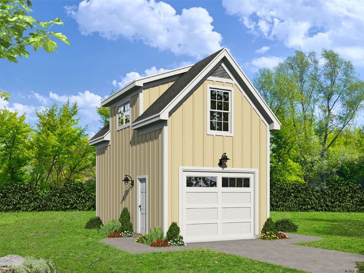 a two car garage is shown in the front yard