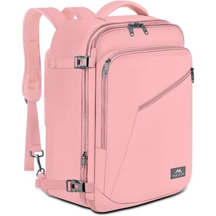 a pink backpack with straps on the front and side pockets, sitting against a white background