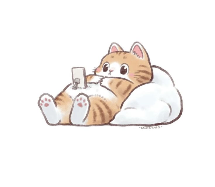 an orange and white cat laying on top of a cloud with a cell phone in it's mouth