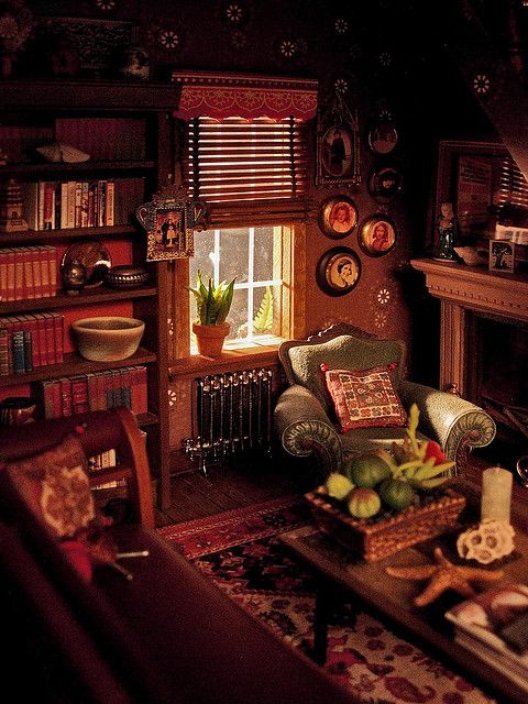 a living room filled with furniture and bookshelves next to a fire place in front of a window