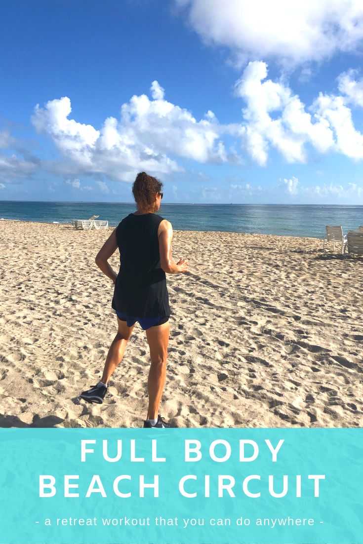 a woman running on the beach with text overlay that reads full body beach circuit