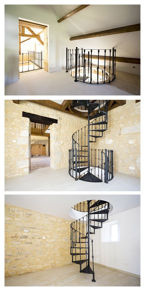 three different views of a spiral staircase in an empty room