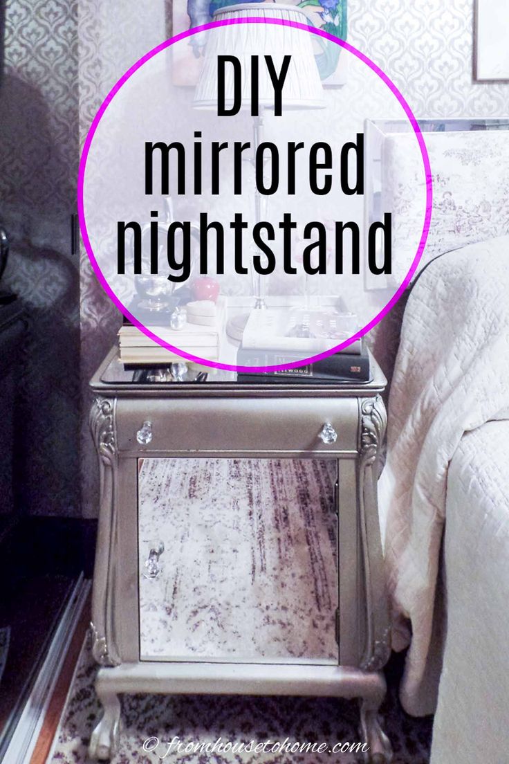 a mirrored nightstand with the words diy mirrored nightstand on it in black and white