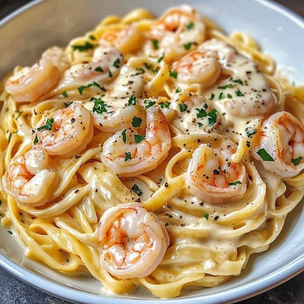 a plate of pasta with shrimp and parmesan cheese sauce on the top, garnished with fresh herbs