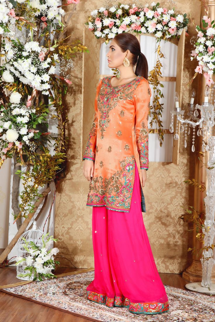 Blazing Orange | Pakistani Designer Outfit | Sarosh Salman Eid Straight Kurta Palazzo Set With Sequins, Wedding Palazzo Set With Straight Kurta And Sequins, Wedding Palazzo Set With Sequins And Straight Kurta, Traditional Sharara With Sequins And Straight Kurta, Traditional Sequined Palazzo Set For Diwali, Silk Palazzo Set With Sequins For Festivals, Sequin Straight Kurta Salwar Kameez For Festivals, Festive Straight Kurta Salwar Kameez With Sequins, Sequin Embellished Straight Kurta Salwar Kameez For Festivals