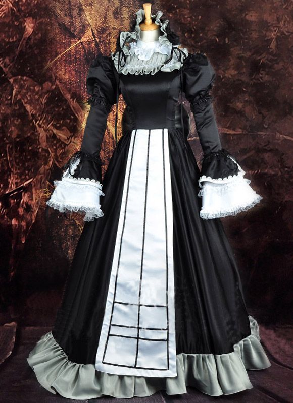 Black Anime GOSICK Victorique De Blois Cosplay Dress Fitted Gothic Cosplay Costume, Black Fantasy Costume With Anime Print, Black Fantasy Costume For Cosplay Events, Black Fantasy Cosplay Costume For Themed Events, Black Fantasy Cosplay Costume, Black Anime Print Costume For Costume Party, Steampunk Black Costume For Cosplay Events, Black Gothic Cosplay Costume, Black Long Sleeve Cosplay Costume For Themed Events