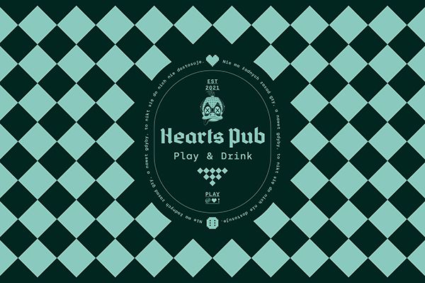 the logo for hearts pub, play and drink on a black and white checkered background