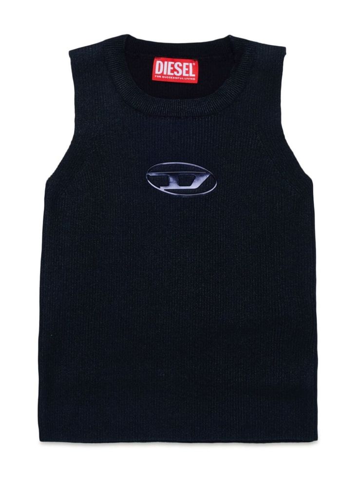 black cotton ribbed knit appliqué logo round neck sleeveless straight hem Diesel Top, D Logo, Teen Boy Outfits, Dress With Jean Jacket, Girls Jumpers, Baby Boy Accessories, Dolce And Gabbana Kids, Round Logo, Cotton Vest