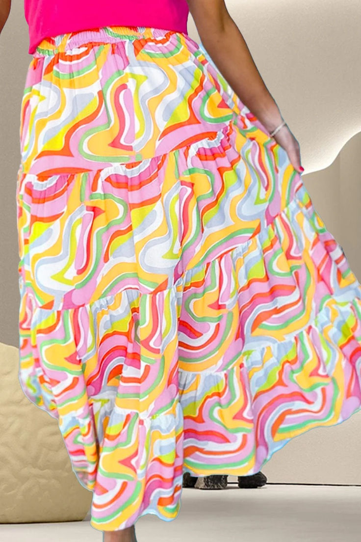 Casual Multicolor Print Skirt For Spring, Trendy Multicolor Tiered Skirt, Playful Multicolor Skirt With Elastic Waistband, Multicolor Print Beach Skirt For Spring, Multicolor Elastic Waistband Mini Skirt For Vacation, Spring Beach Skirt With Multicolor Print, Spring Beach Skirt In Multicolor Print, Multicolor Mini Skirt With Elastic Waistband For Vacation, Multicolor Retro Skirt For Vacation