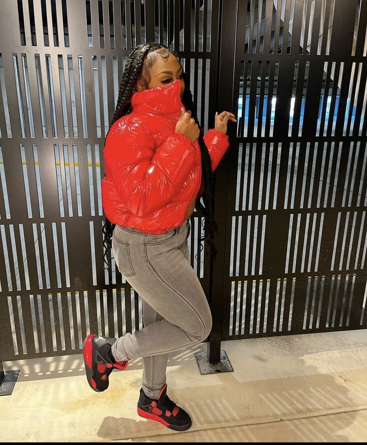 Red Thunder 4s Outfit Girl, Red Baddie Outfits, Red Thunder 4s Outfit, Red Uggs Outfit, 4s Jordans Outfit, Red Outfits Black Women, Thunder Outfit, 4s Outfit, Runners Outfit