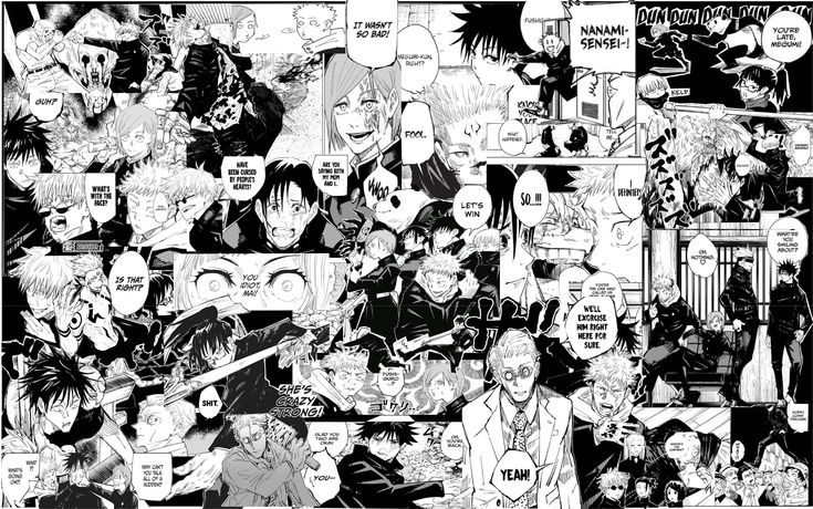 black and white image of anime characters with comic style texting on them, all in different