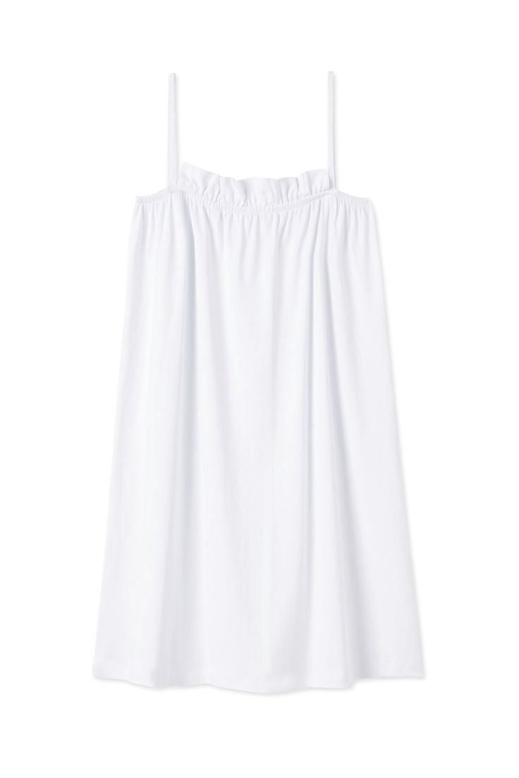 LAKE | Women | Pima Cotton Pajamas | White Ruffle Nightgown Summer Daywear Nightgown With Spaghetti Straps, Spaghetti Strap Nightgown For Summer Daywear, Cotton Nightgown With Spaghetti Straps For Spring, Cotton Camisole Nightgown For Bedtime, Cotton Nightgown With Spaghetti Straps For Sleep, Cotton Sleepwear With Spaghetti Straps For Sleepover, Cotton Camisole Nightgown, Cotton Spaghetti Strap Sleepwear For Sleepover, Cotton Slip Dress With Spaghetti Straps For Loungewear