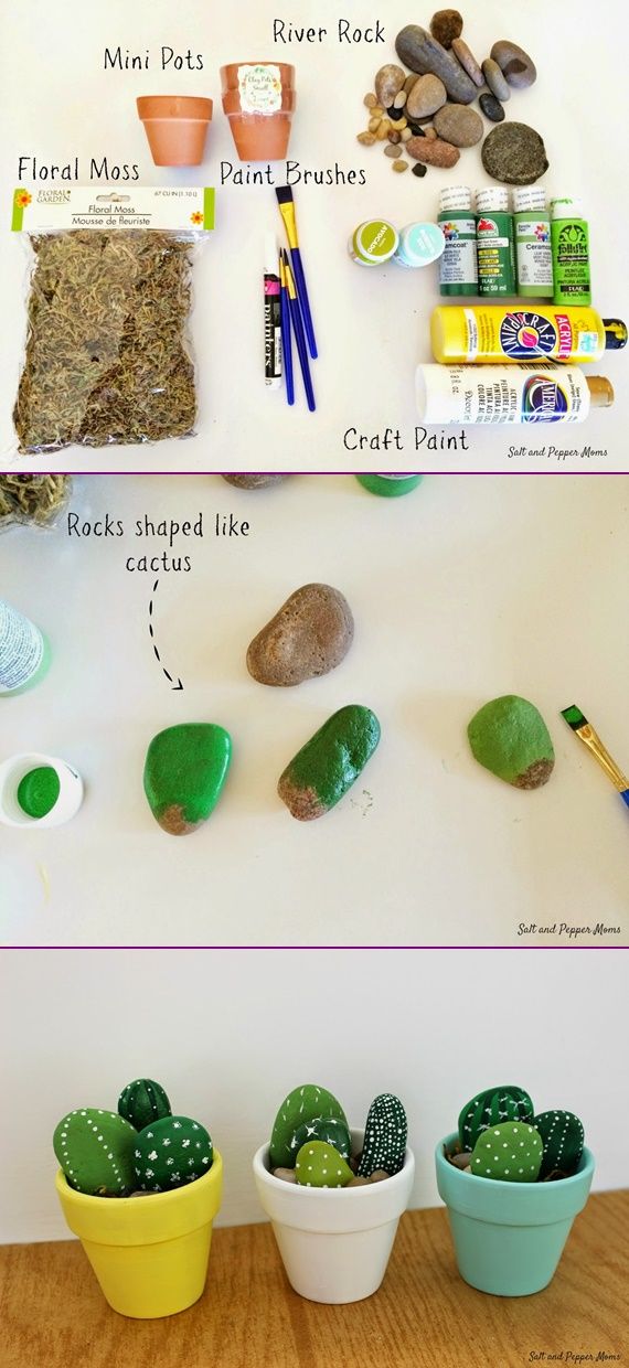 two pictures showing different types of rocks and plants on the same shelf, with text overlay that says rock crafts for kids