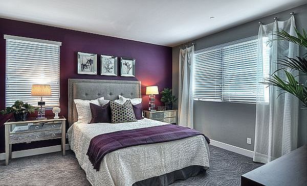 a bedroom with purple walls and gray carpeted flooring, along with a large bed