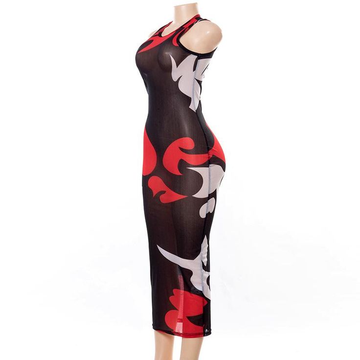 Add some excitement to your wardrobe with this sexy maxi dress. This dress features vibrant red and white print and is see-through. 
Specifications:
Stretch: Slight Stretch
Style: See Through
﻿Model is wearing a size Medium. Bodycon Maxi Dress For Summer, Beach Bodycon Printed Dresses, Printed Bodycon Dress For The Beach, Printed Bodycon Beach Dress, Summer Printed Maxi Dress For Night Out, Red Beachwear Midi Dress For The Beach, Red Beachwear Midi Dress For Vacation, Sheer Mesh Maxi Dress For Beach, Red Midi Beachwear Dress For The Beach